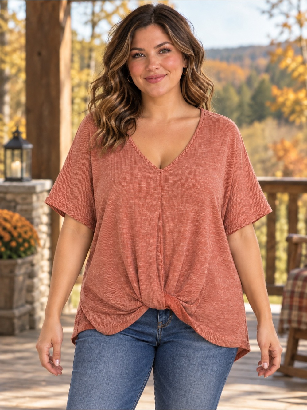 Wrangler Rust Ribbed Twist Front V Neck Dolman Short Sleeve Knit Top